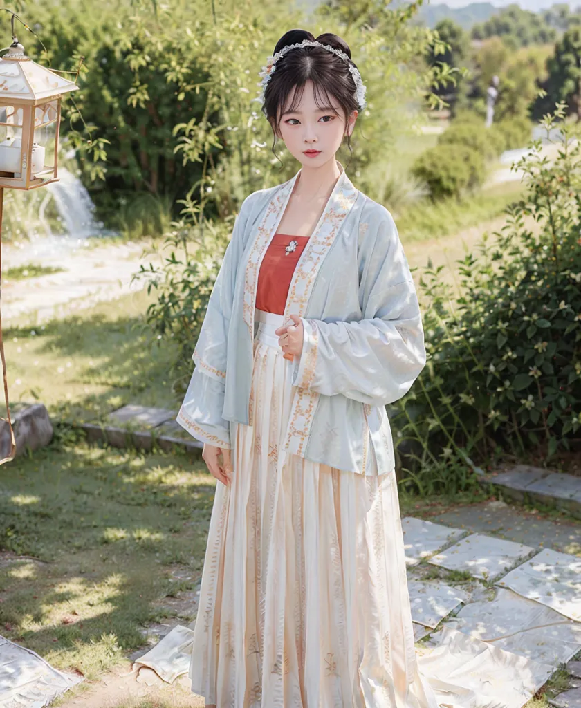 A imagem mostra uma jovem mulher vestindo um traje tradicional chinês, chamado de Hanfu. O traje consiste em uma saia longa e fluida e uma parte superior semelhante a um casaco. A saia é branca com bordados florais em tons de creme, e a parte superior é de um azul claro com bordados florais brancos e em tons de creme. O cabelo da mulher está preso em um coque e ela está usando uma peça para o cabelo de cor creme com um design floral. Ela também está usando uma maquiagem leve e tem um pequeno sorriso no rosto. O fundo da imagem é um jardim desfocado com um caminho de pedra e uma lanterna.