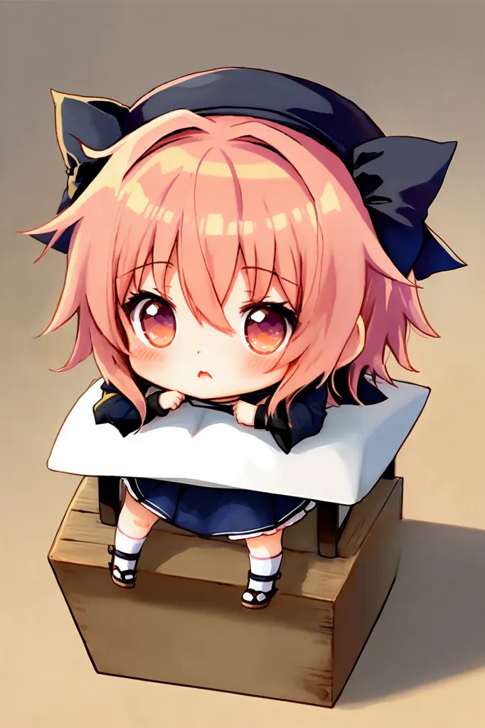 The image is of a chibi anime girl with pink hair and orange eyes. She is wearing a black hat with cat ears, a blue sailor-style outfit, and white socks with brown shoes. She is sitting on a wooden box and has her hands on her cheeks. She has a worried expression on her face.