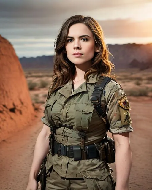 This is an image of a young woman standing in a desert landscape. She is wearing a military-style outfit and has a gun on her hip. She has long brown hair and green eyes. The background of the image is a vast desert with mountains in the distance. The image is set at sunset and the sky is a gradient of orange and yellow.