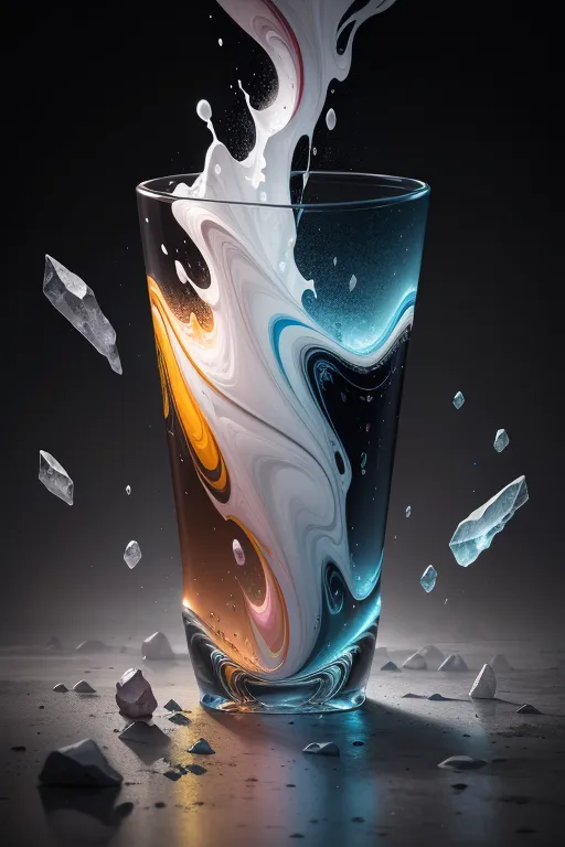 The image shows a clear glass on a dark surface. There is a colorful liquid inside the glass. The liquid is mostly white, but there are also blue and orange areas. The liquid is moving and splashing. There are also some small, colorful pieces of ice flying around the glass. The background is dark.