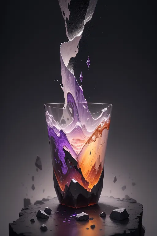 La imagen es una pintura digital de un vaso de líquido. El líquido es de color púrpura oscuro y hay un salpicón de líquido púrpura claro en la parte superior. El vaso está sentado sobre una mesa negra y hay algunas rocas dispersas a su alrededor. El fondo es un degradado oscuro de púrpura y negro.