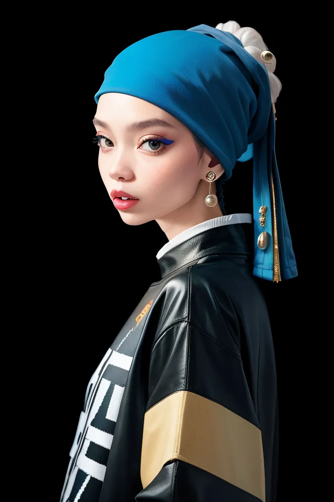 Une jeune femme porte un turban bleu. Elle a un maquillage léger et porte une veste en cuir noir avec des manches rayées jaunes et blanches. Elle a une boucle d'oreille en perle à l'oreille gauche. L'arrière-plan est noir.