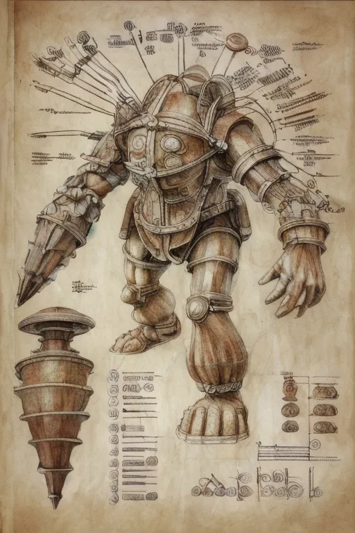 The image is a blueprint of a Big Daddy from the BioShock video game series. It is a detailed, hand-drawn illustration of the Big Daddy's body, including its head, torso, arms, and legs. The image also includes a parts list and a diagram of the Big Daddy's drill. The image is drawn in a steampunk style and is reminiscent of the concept art for the original BioShock game.