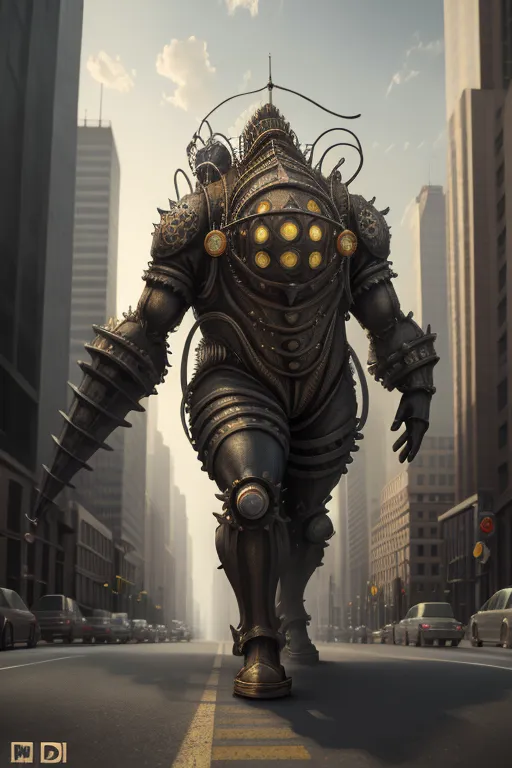 The image shows a steampunk style Big Daddy from the BioShock video game series. It is a large, hulking figure with a round porthole window on its head and a drill for a left hand. It is walking down a city street, with cars parked on either side. The street is lined with tall buildings, and the sky is cloudy.