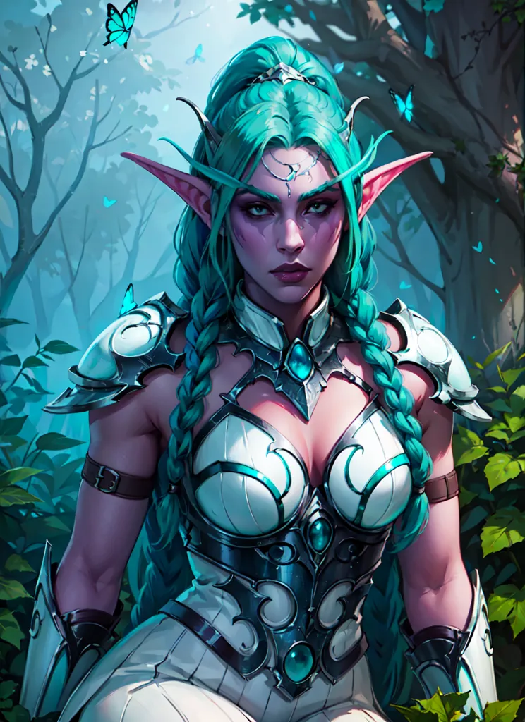 This image shows a female night elf from the Warcraft universe. She is standing in a dark forest, surrounded by butterflies. She is wearing silver and blue armor and has long, flowing green hair. Her eyes are a deep blue color, and she has a determined expression on her face. She is holding a staff in her right hand.