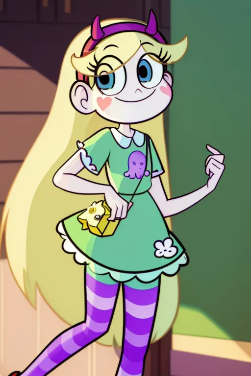 The image shows Star Butterfly, a character from the animated television series Star vs. the Forces of Evil. She is a young girl with long blonde hair and blue eyes. She is wearing a green dress with a white collar and purple leggings. She is also wearing a yellow backpack and a pair of red shoes. She has a wand in her hand, which is a magical device that she uses to cast spells. She is standing in front of a green door, and she has a smile on her face.