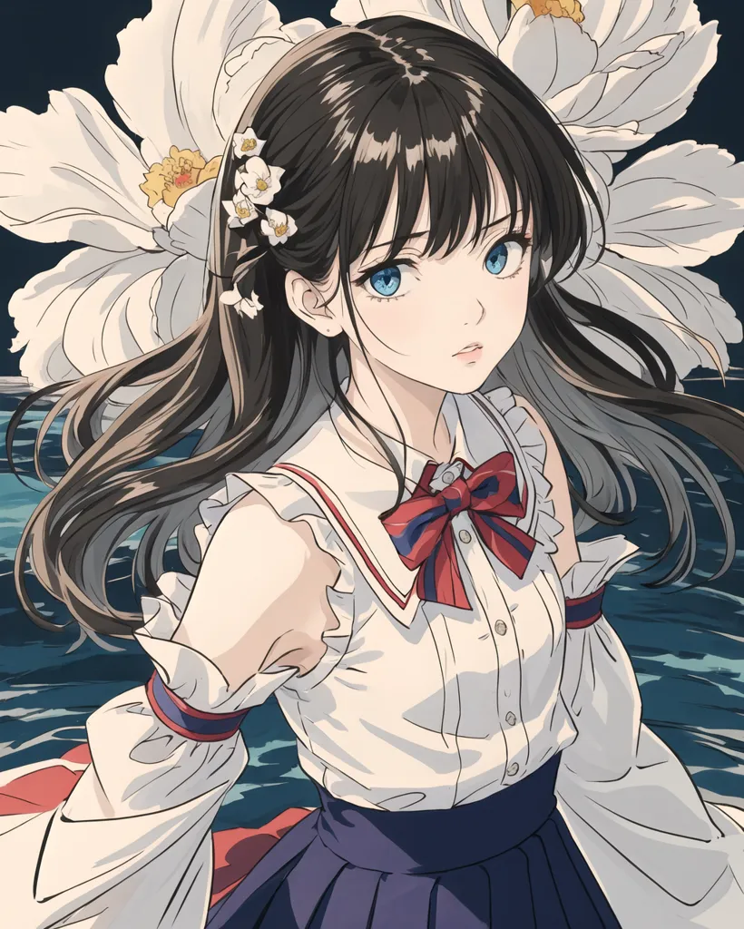 The image is a portrait of a young girl with long, dark hair and blue eyes. She is wearing a white blouse with a red bow and a dark blue skirt. The background is a dark blue sea with white flowers. The girl is standing in the water, and her hair is flowing around her. She has a serious expression on her face.