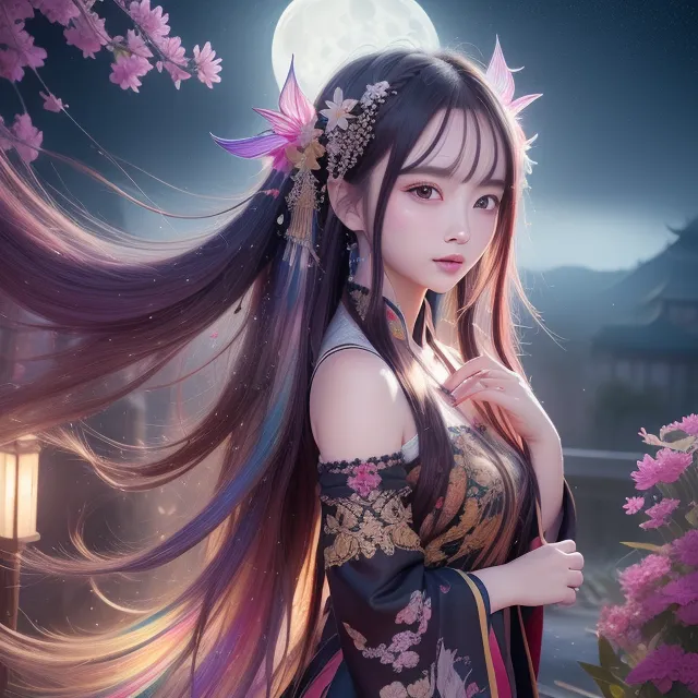 A imagem é um retrato de uma jovem mulher com cabelos longos e ondulados. Ela está usando um vestido tradicional chinês com um padrão de flores rosa e roxo. O fundo é um céu noturno com uma lua cheia. A mulher está em pé em um jardim com flores de cerejeira. Ela olha para o espectador com uma expressão serena.