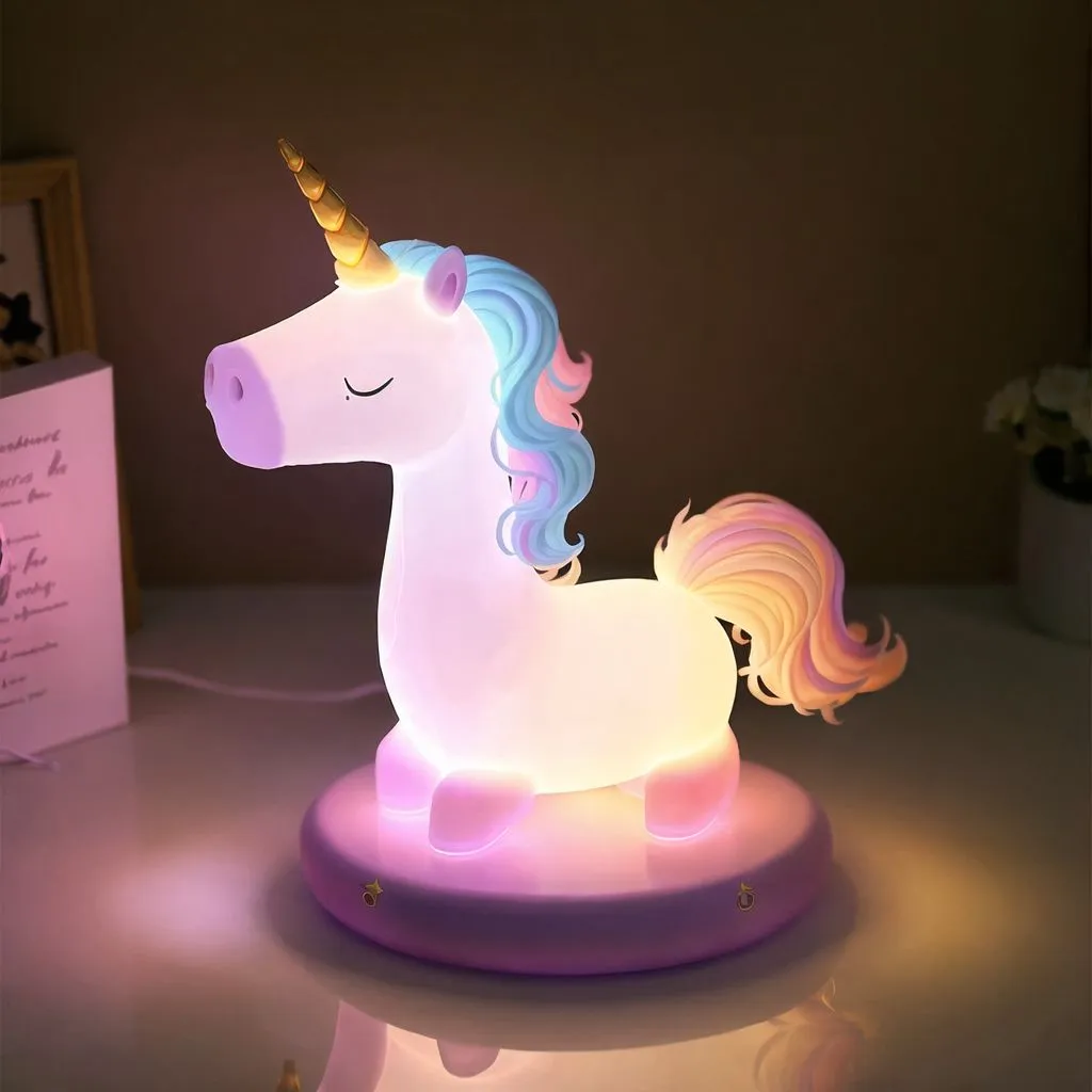 The image shows a 3D unicorn night light. It has a white body, a golden horn, and a multicolored mane and tail. The night light is sitting on a pink base and is emitting a soft, warm light.