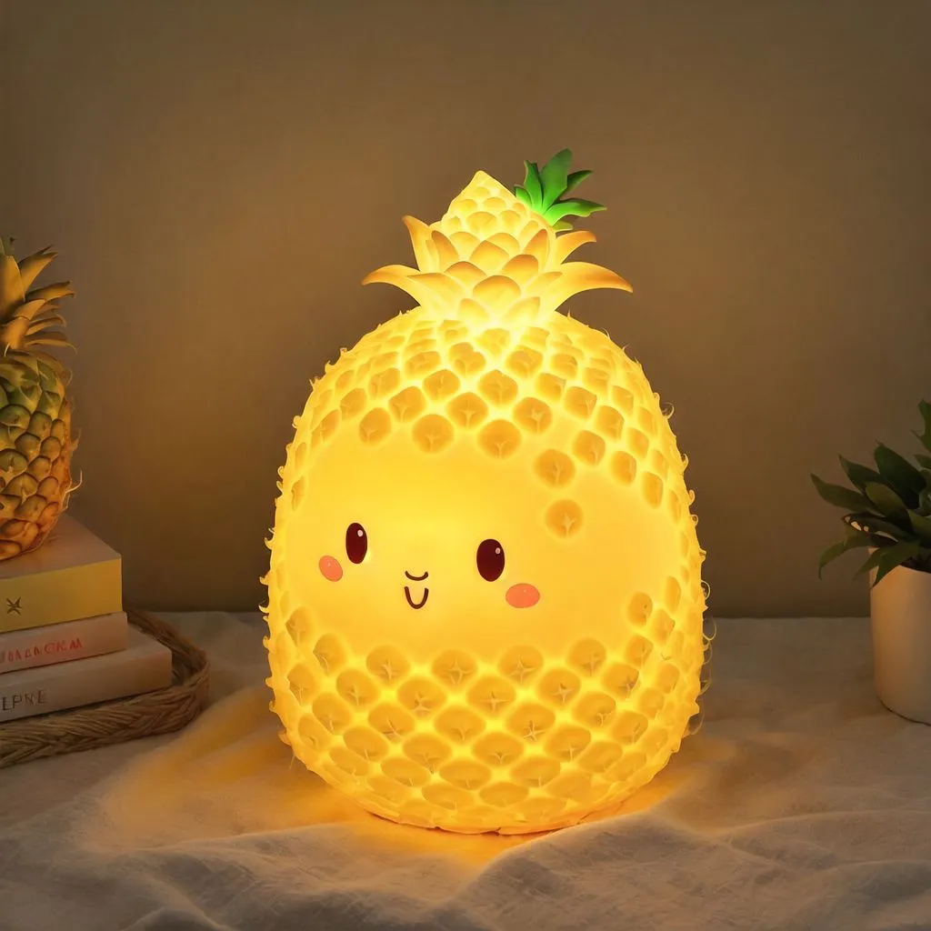 This is a pineapple-shaped night light. It has a cute face with a smile and two blush marks. The night light is made of silicone and has a warm yellow glow. It is perfect for a child's room or for anyone who loves pineapples.