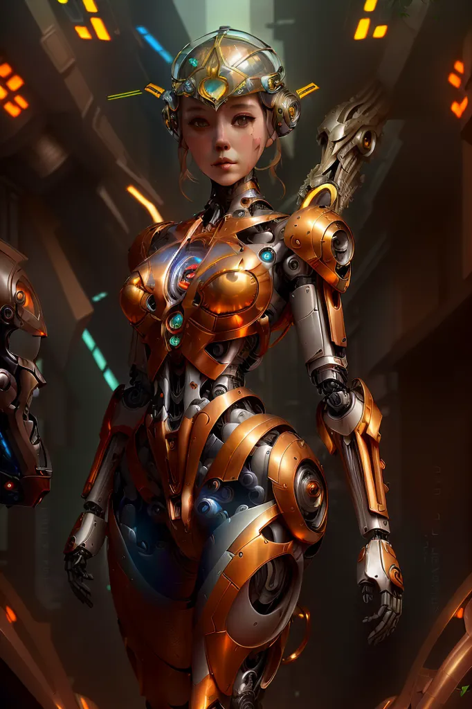 The image is a painting of a female cyborg. She has tan skin, brown eyes, and long brown hair. She is wearing a golden and silver colored armor with a large golden halo behind her head. She is standing in a dark room with bright lights in the background.