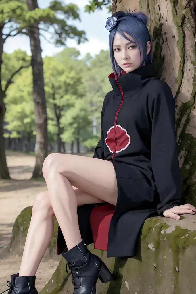 The image shows a young woman dressed in a black and red Akatsuki cloak. She is sitting on a rock in a forest, with her right leg crossed over her left. She has a serious expression on her face.