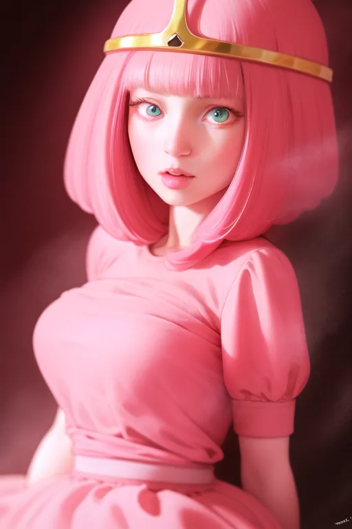 A imagem é de uma mulher jovem com cabelo rosa e olhos azuis. Ela está usando um vestido rosa e uma coroa dourada. Ela tem uma marca de beleza na bochecha esquerda. Ela está sentada em um fundo rosa. Ela parece estar em seus primeiros anos vinte. Ela está olhando para o espectador com uma expressão séria.