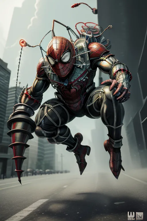 The image shows Spider-Man in a black and red suit with steampunk accessories. He is jumping in the middle of a city street with a large drill attached to his right arm and a smaller drill attached to his left wrist. He has a device on his back that looks like a backpack with a hose that goes to his left arm. He is wearing a mask that covers his mouth and nose, and his eyes are wide open. The image is very detailed, and you can see the texture of Spider-Man's suit and the buildings in the background.