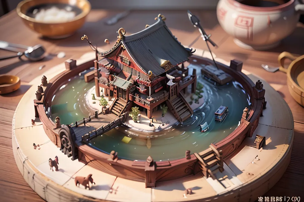 The image is a diorama of a traditional Chinese courtyard house. The house is surrounded by a wall and has a courtyard in the center. The courtyard is filled with water and there are several small bridges leading to the house. There are also some trees and plants in the courtyard. The house is made of wood and has a tiled roof. The diorama is set on a wooden table.