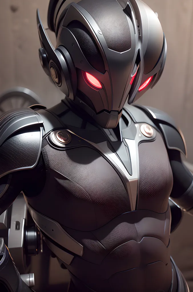 The image is a digital painting of a superhero. He is wearing a black and gray suit of armor with red glowing eyes. The suit has a metallic texture and there are several small red lights on the chest plate. The helmet has a visor and a pair of horns on the top. The superhero is standing in a dark room with a spotlight shining down on him.