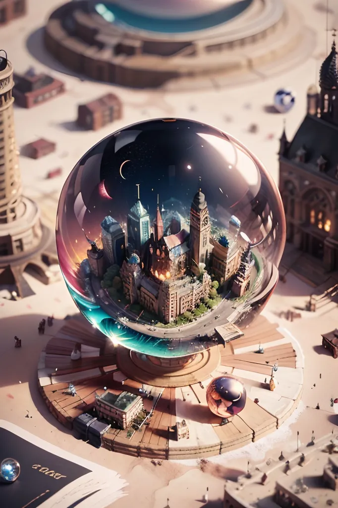 The image is a 3D rendering of a steampunk city inside a glass sphere. The city is made up of a variety of buildings, including skyscrapers, clock towers, and cathedrals. There are also a number of vehicles, including cars, trucks, and buses. The city is surrounded by a forest of steampunk trees. The glass sphere is sitting on a wooden base with a golden ball next to it. The base is surrounded by a number of small steampunk gadgets and devices.