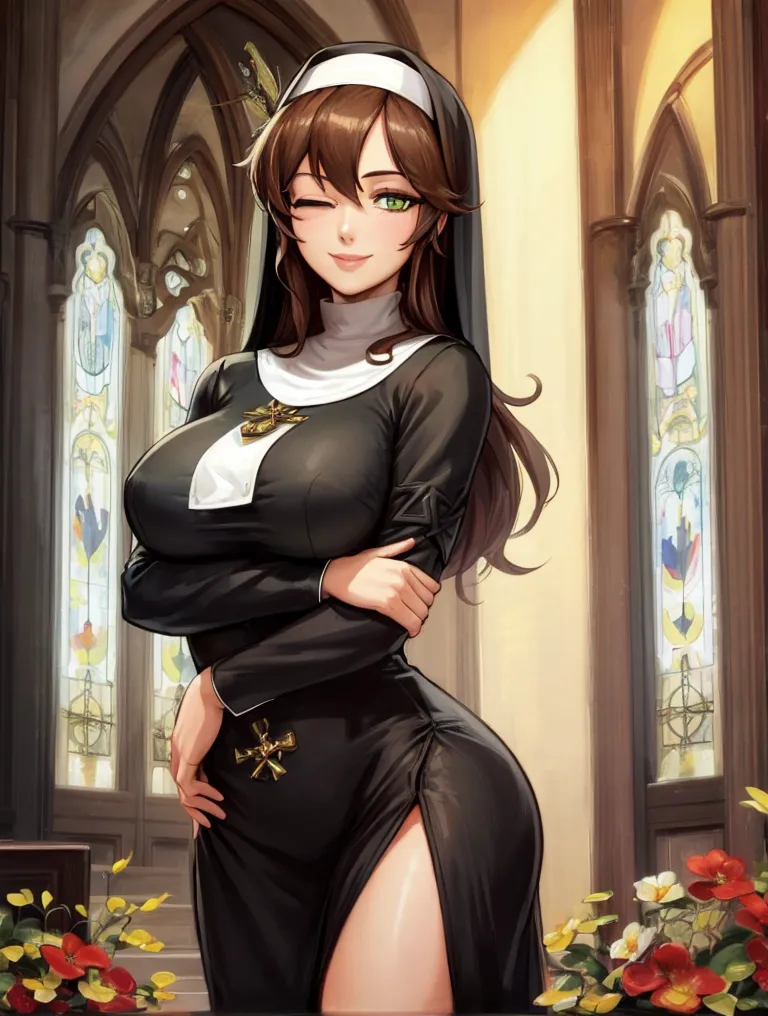 The image shows a young woman dressed as a nun. She is standing in a church, with stained glass windows and a stone floor. The nun is wearing a black habit with a white wimple. She has brown hair and green eyes, and she is smiling at the viewer. She is also winking.