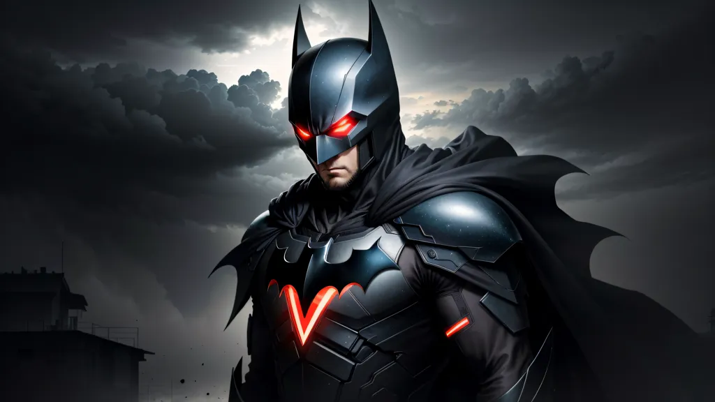 L'image montre Batman, un super-héros de DC Comics. Il porte un costume noir et gris avec des reflets rouges. Son capuchon a des lentilles rouges sur les yeux. Il se tient dans un environnement sombre et nuageux.