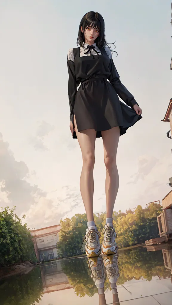 The image is a painting of a young woman standing on a rooftop. She is wearing a black pinafore dress with a white blouse underneath. She has black hair and brown eyes, and she is wearing white sneakers. The background is a cityscape, with trees and buildings in the distance. The sky is blue and there are some clouds in the sky. The painting is in a realistic style, and the artist has paid attention to detail. The woman's expression is one of determination, and she seems to be looking off into the distance. The painting is a beautiful and thought-provoking work of art.