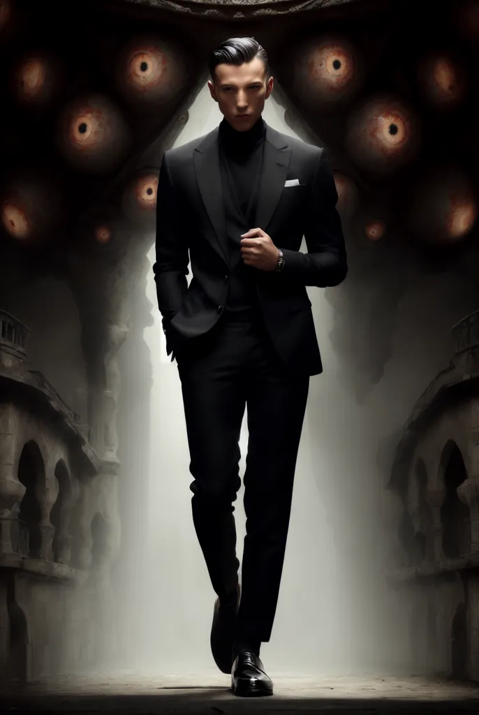 This is a picture of a man in a black suit and black turtleneck walking through a dark hallway. The man is wearing a white pocket square and a watch on his left wrist. He has short dark hair and a neutral expression on his face. The hallway is made of stone and has large columns on either side. There are glowing red eyes in the walls of the hallway.