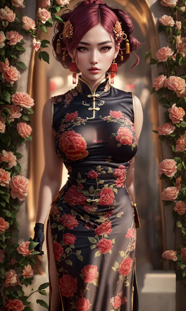 The image shows a woman wearing a black cheongsam with red and pink floral patterns. The cheongsam has a high collar and a slit on one side. The woman has long red hair and is wearing red lipstick. She is standing in a room with red and pink flowers on the walls.