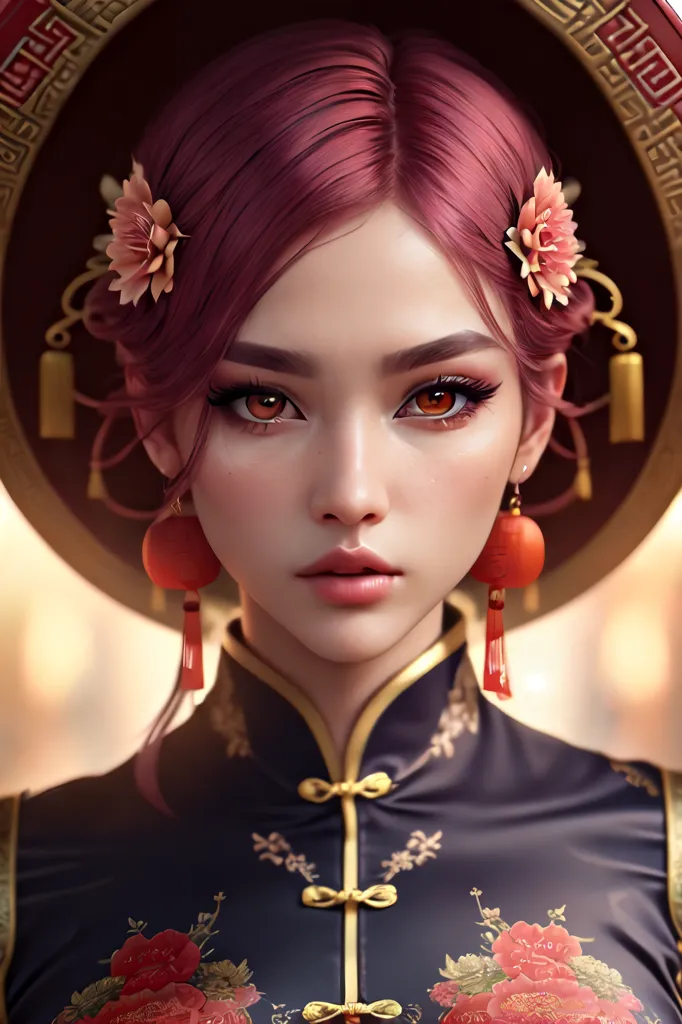 Esta é uma imagem de uma mulher jovem, com cabelo rosa e olhos castanhos. Ela está usando um vestido tradicional chinês com um colarinho vermelho e dourado. Há também flores vermelhas em seu cabelo. Ela está olhando para o espectador com uma expressão séria. O fundo está desfocado e é composto por um padrão de lanternas chinesas.