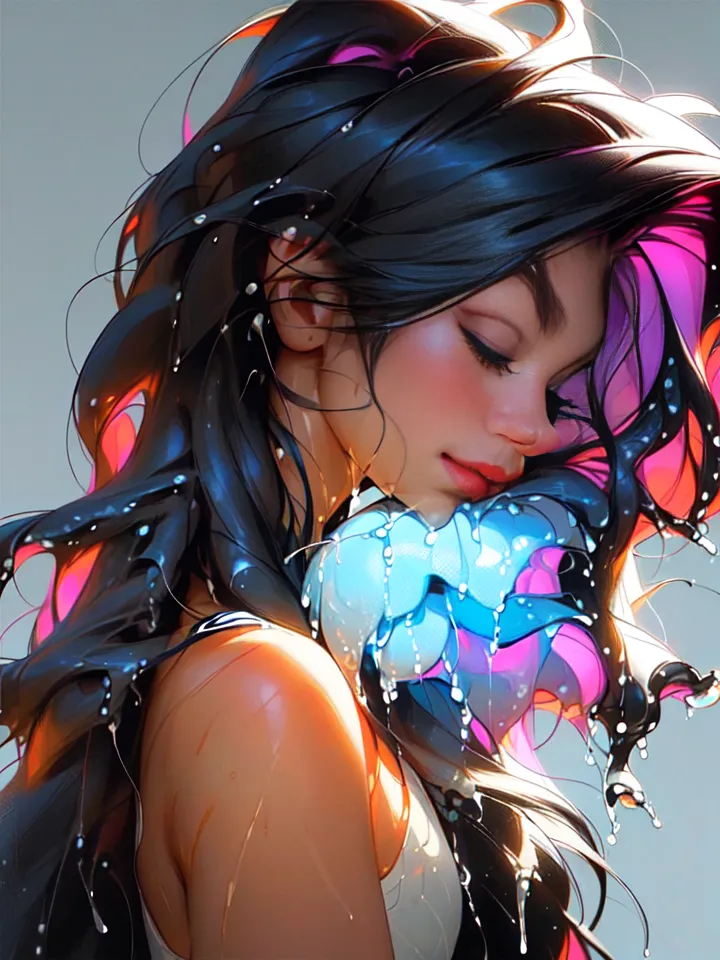 The picture shows a beautiful woman with long black hair and blue eyes. She is wearing a white tank top. The woman is standing in front of a white background. She has a flower in her hair and water is dripping down her face and shoulder. The water is creating a beautiful pattern on her skin. The woman's expression is one of peace and serenity.