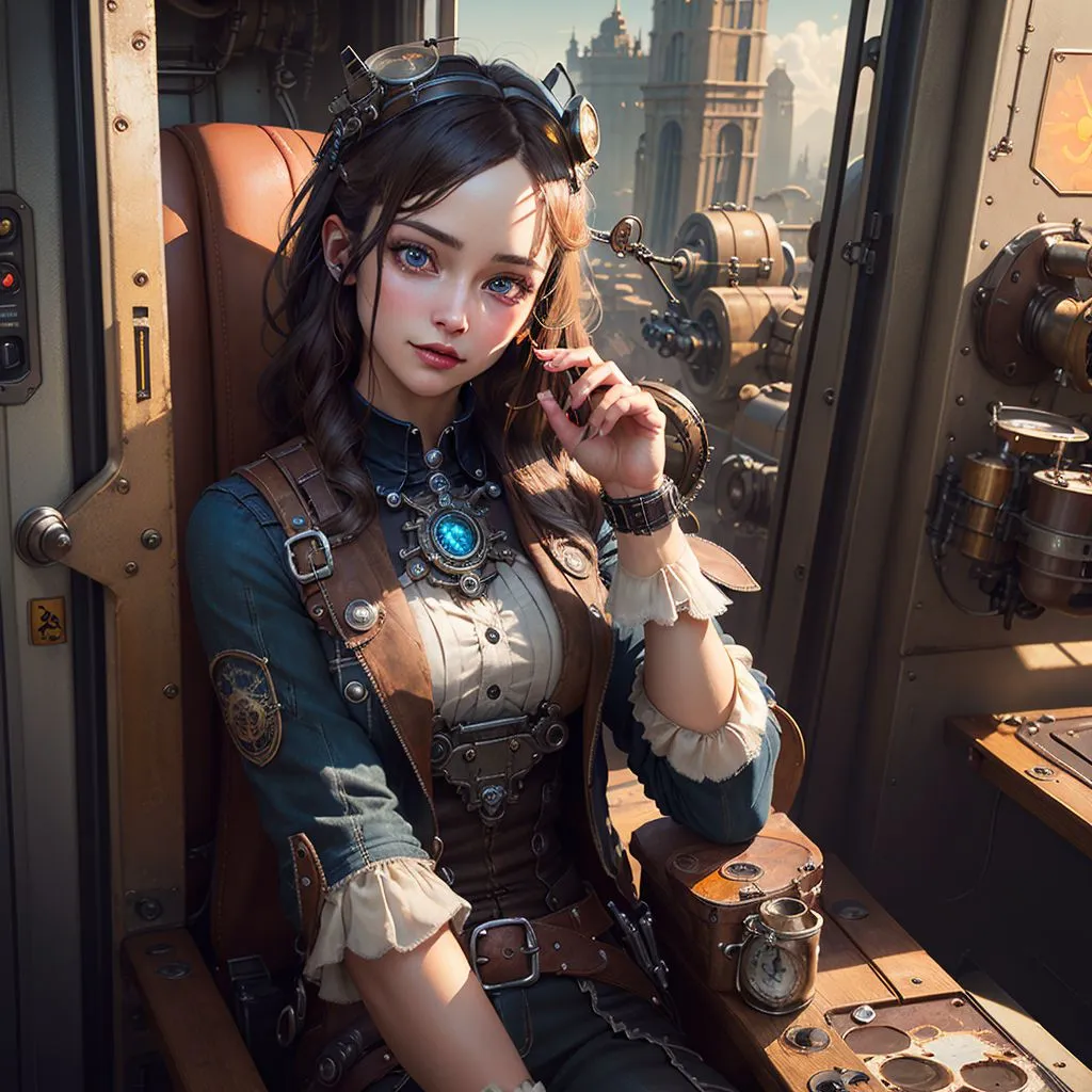 Esta es una imagen de una mujer joven sentada en un tren steampunk. Lleva un atuendo azul y marrón con una blusa blanca y un chaleco marrón. Tiene un collar con un gema azul y un cinturón marrón con un reloj. También lleva un par de gafas de protección y tiene el cabello recogido en una cola de caballo. El tren está hecho de metal y tiene una gran ventana al fondo. También hay varios artilugios y cachivaches steampunk en el fondo.