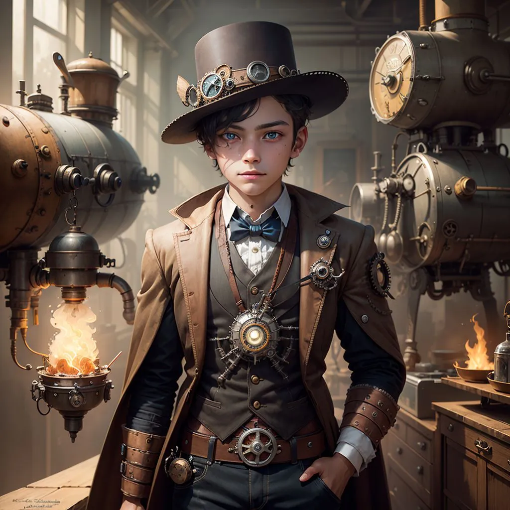 This is an image of a young boy. He is wearing a steampunk style outfit. He has a brown top hat with gears on it. He is wearing a brown coat with a blue vest and a blue bow tie. He has a gear necklace and a large gear on his chest. He is also wearing brown pants and brown boots. He is standing in a workshop. There are machines and tools all around him. He has a serious look on his face.