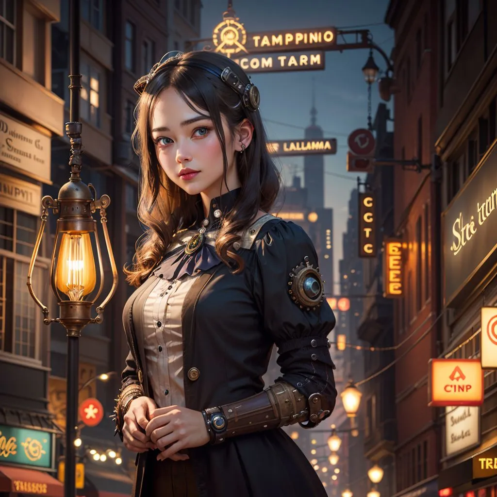 The image shows a young woman standing in a street. She is wearing a steampunk style outfit, with a long black coat and a brown leather hat. She has a pair of goggles on her head and a clockwork device on her right arm. The street is lit by gas lamps and there are buildings on either side of the street.