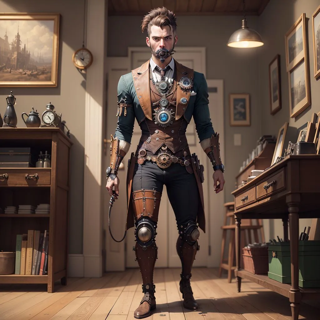 The image is of a man in a steampunk style outfit. He is wearing a brown leather vest with lots of buckles and straps, as well as a blue shirt and brown pants. He has a variety of gadgets and tools attached to his belt and vest, including a wrench, a screwdriver, and a pair of goggles. He is also wearing a pair of brown leather boots and a brown leather hat. He has a confident expression on his face and is standing in a relaxed pose. The background of the image is a room with a wooden floor and walls. There is a wooden table and a shelf in the room, as well as a variety of steampunk gadgets and tools.