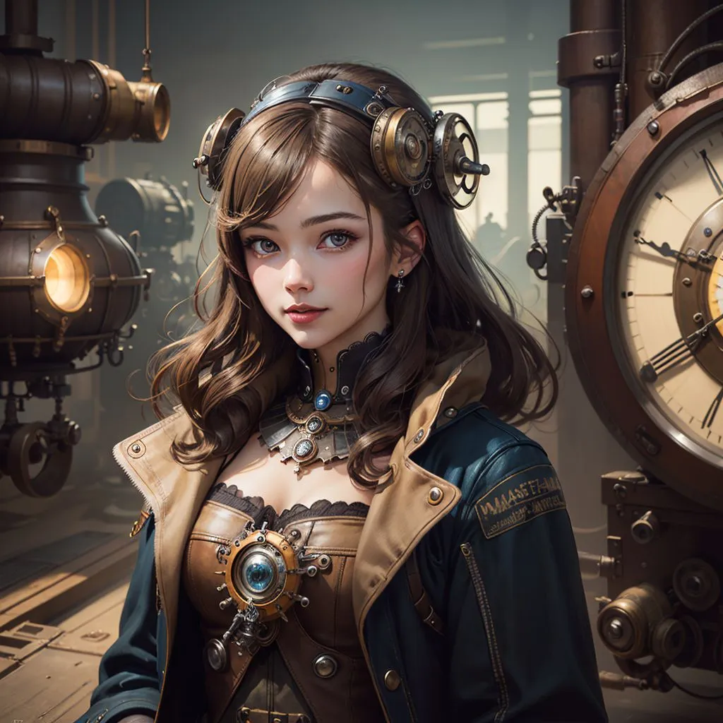 This is an image of a young woman standing in a steampunk setting. She is wearing a brown leather jacket and a white blouse with a blue corset. She has a pair of goggles on her head and a large clock is in the background.