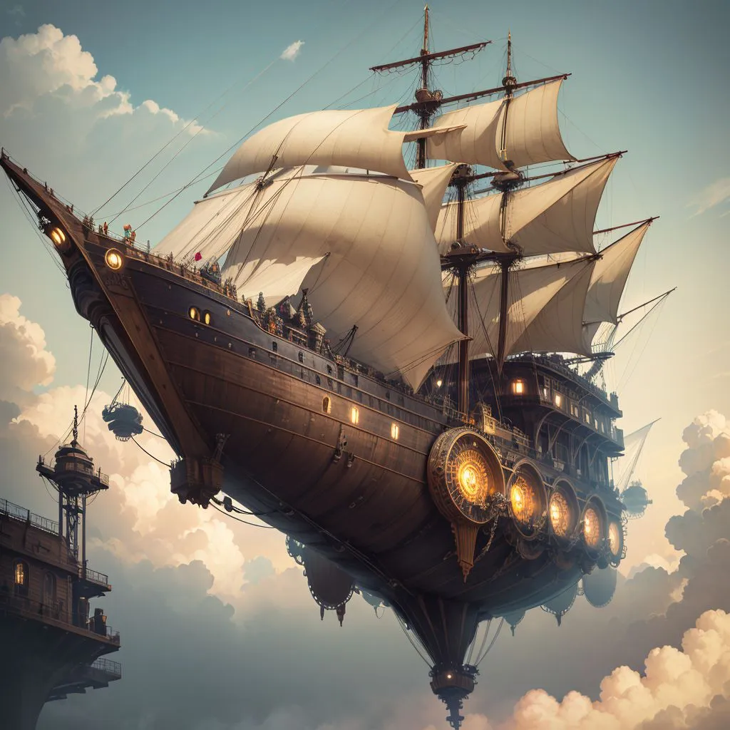 L'image représente un navire aérien steampunk. C'est un grand navire en bois avec une structure métallique. Il a trois voiles et une grande hélice à l'arrière. Le navire est propulsé à la vapeur et a une cheminée sur le côté. Il y a des gens sur le pont du navire et il y a aussi quelques bâtiments en arrière-plan.