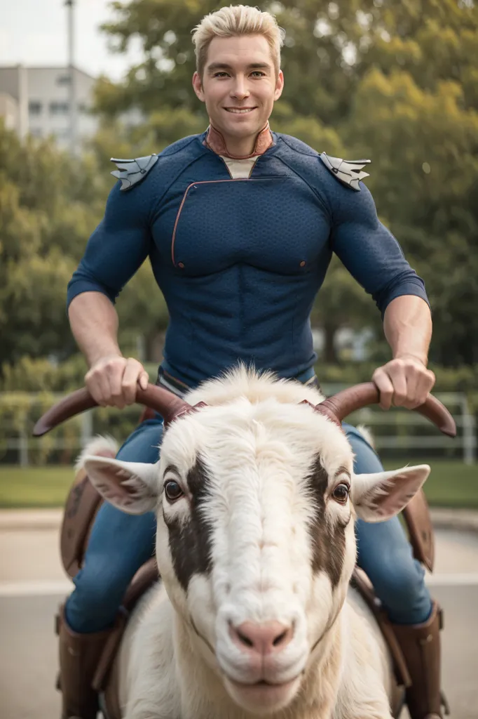 This image shows a man riding a goat. The man is dressed in a blue and red superhero costume and has blond hair. He is smiling and holding the goat's horns. The goat is white with black markings on its face and is looking at the camera. The background is a blurred city street with trees.