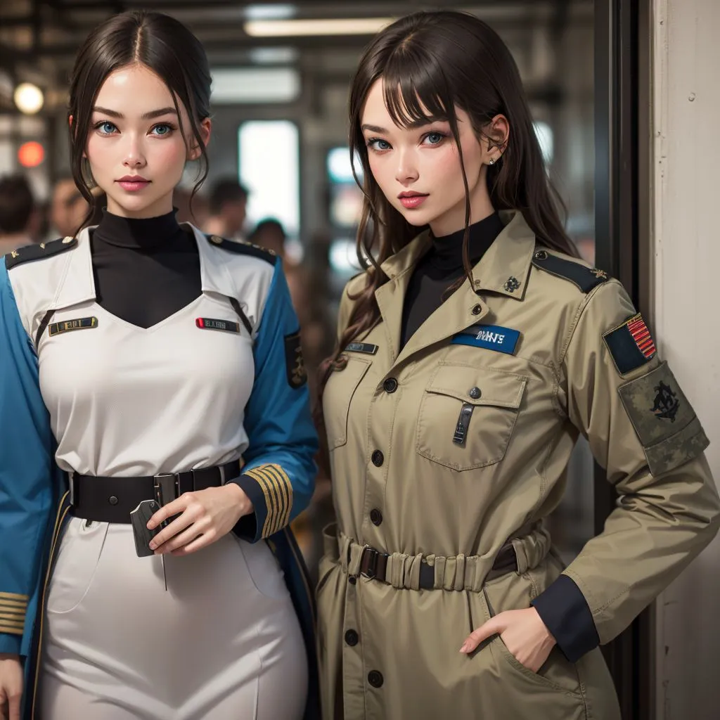 The image depicts two young women standing close to one another. They are both dressed in futuristic military uniforms. The woman on the left has long brown hair and blue eyes. She is wearing a white bodysuit with a black turtleneck undershirt. She also has a black belt and a silver buckle. The woman on the right has short brown hair and blue eyes. She is wearing a tan military-style jacket with a black turtleneck undershirt. She also has a black belt and a silver buckle. Both women have their hands in their pockets and are looking at the camera with serious expressions.