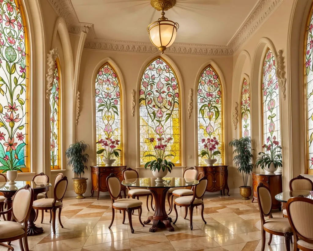 The image shows a large, opulent room with a high ceiling. The room is furnished with a large round table and several chairs. The floor is made of marble, and the walls are decorated with stained glass windows. The windows depict various floral motifs. There is a large chandelier hanging from the ceiling. The room is decorated in a classical style, with a mix of Renaissance and Baroque elements.