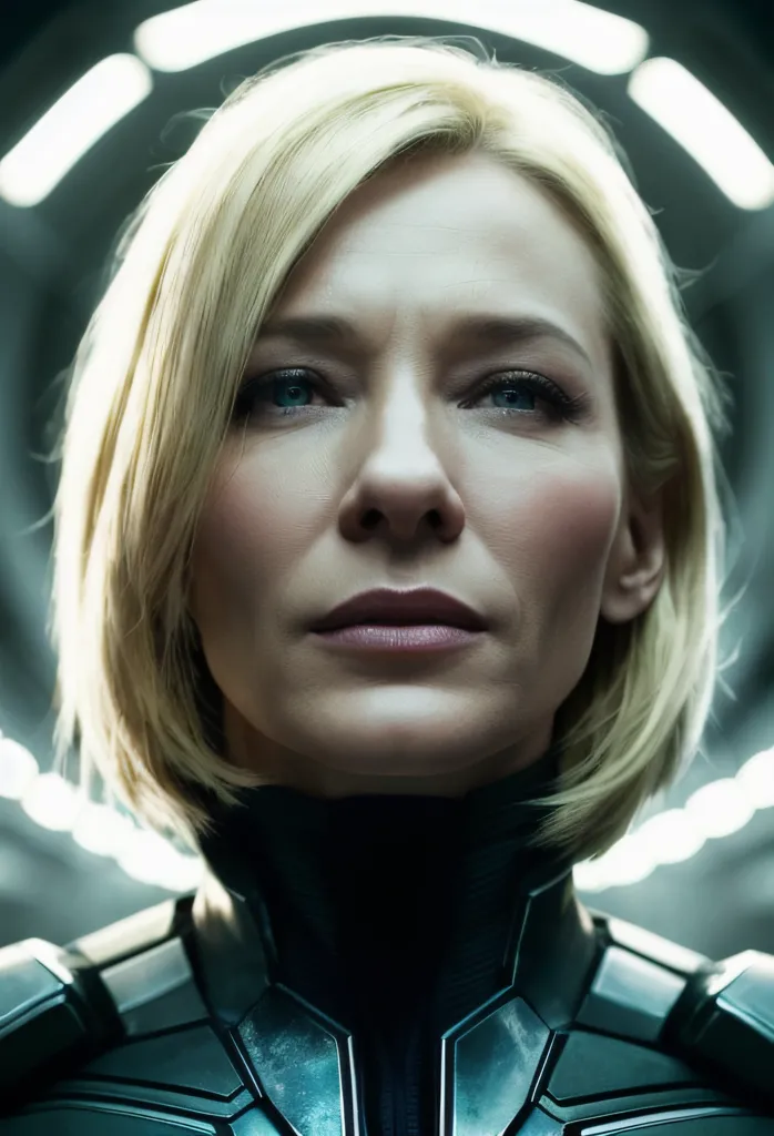 The image shows a woman with short blonde hair and blue eyes. She is wearing a black and green suit. The background is a blur of white and green lights.