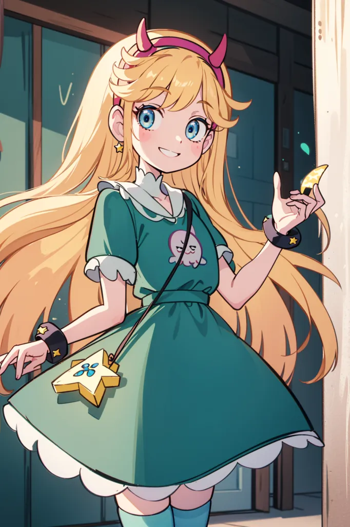 The image is of a young girl with long blond hair and blue eyes. She is wearing a green dress with a white collar and a yellow star on the front. She also has a yellow headband with two small red horns on it. She is holding a small yellow crescent moon in her right hand. She is standing in front of a wooden door with a green wall behind her.