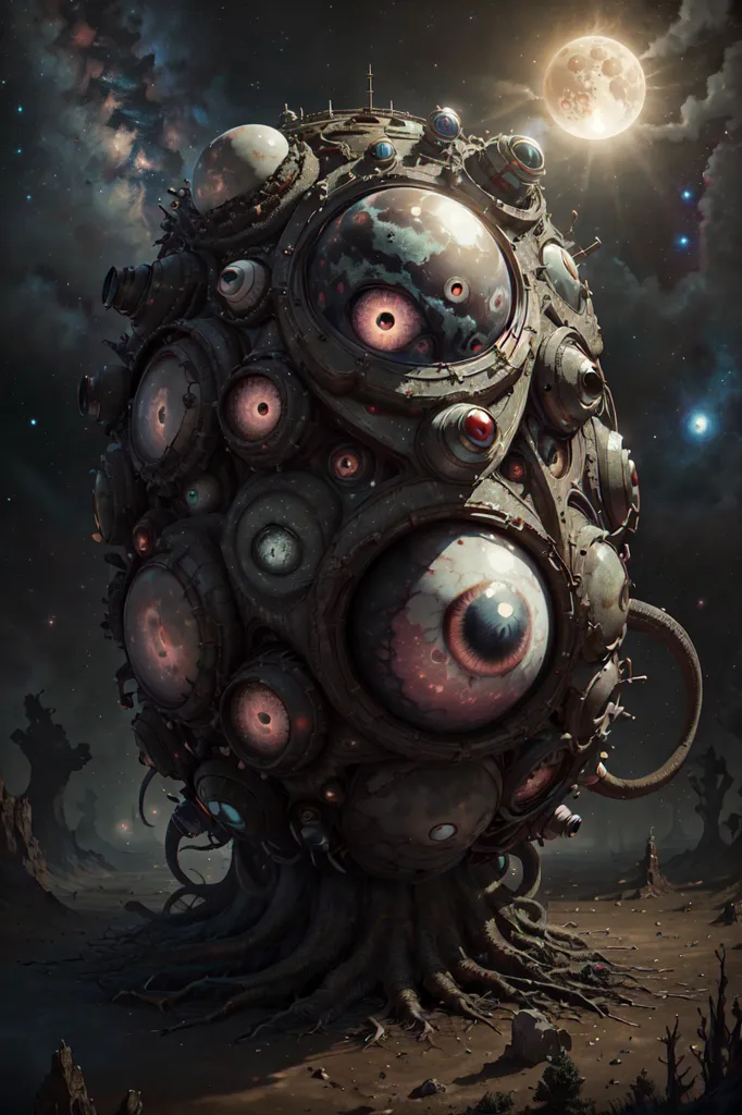 The image is a surreal and nightmarish depiction of a large, fleshy, and mechanical creature. The creature has a vaguely humanoid shape and is covered in eyes, mouths, and other orifices. It is also covered in strange and intricate machinery, including gears, pistons, and wires. The creature is standing in a barren and desolate landscape, with a full moon in the background. The sky is dark and filled with stars. The creature is surrounded by strange, twisted trees. The image is full of tension and dread, and it is unclear what the creature is or what it is doing.