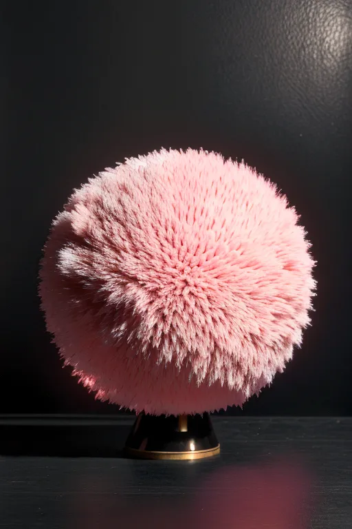 This image is of a pink fuzzy ball on a black stand. The ball is perfectly round and looks like it is made of cotton candy or some other soft material. The stand is made of metal and has a shiny gold finish. The ball is sitting on a black table or surface. The background is a dark color, which makes the ball stand out. The ball is also very large, and it looks like it would be very soft to touch.