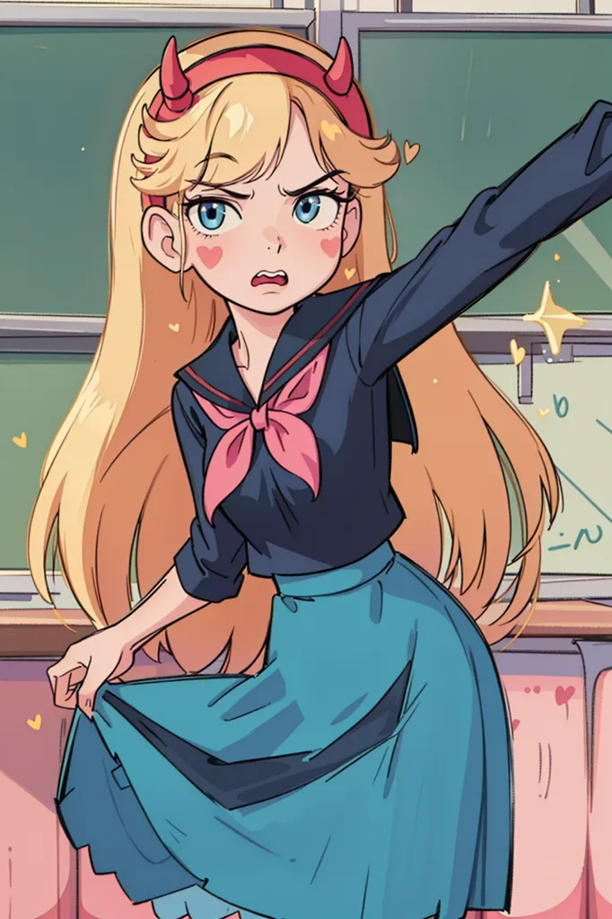 A imagem é da Star Butterfly da série animada Star vs. as Forças do Mal. Ela está em pé em uma sala de aula, usando um uniforme de marinheiro azul e branco. Ela tem as mãos na cintura e olha para o espectador com uma expressão zangada. Há corações flutuando ao redor de sua cabeça.