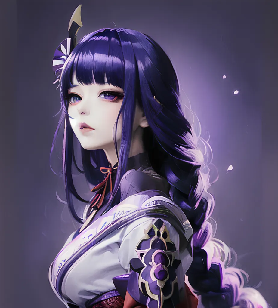 The image is a portrait of a young woman with purple hair and eyes. She is wearing a white and purple kimono with a red obi. Her hair is long and flowing, and she has a gentle smile on her face. The background is a dark purple color, and there are some white specks floating around her.