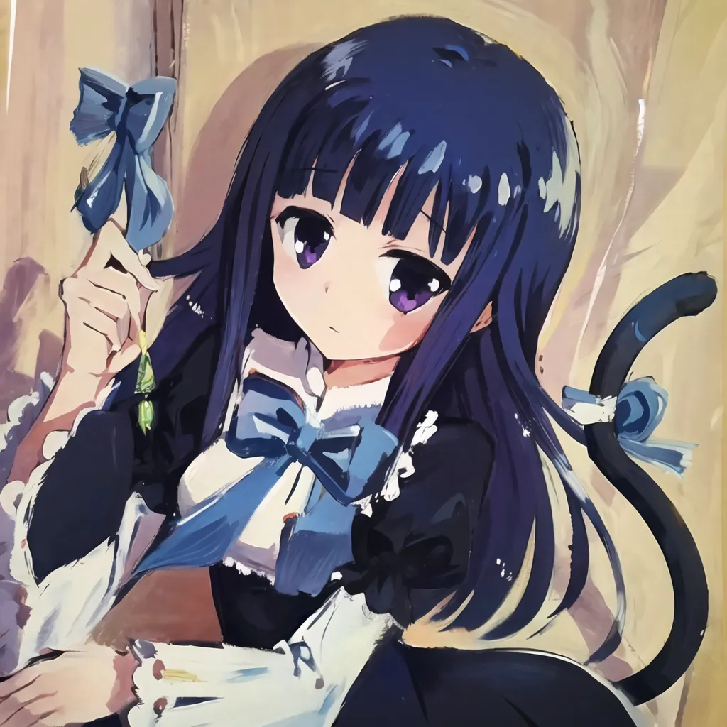 The image shows a young girl with long blue hair and purple eyes. She is wearing a black dress with a white collar and a blue bow. She has a cat tail and cat ears. She is holding a blue ribbon in her hand. She is sitting in a chair and looking at the viewer with a shy expression on her face.