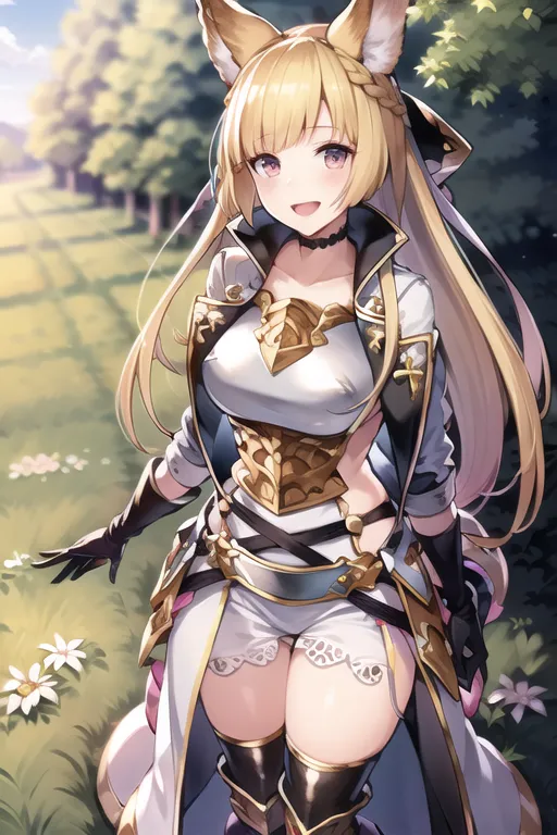 L'image est une représentation d'une belle jeune fille de style anime avec de longs cheveux blonds ondulants et des oreilles de renard. Elle porte une tenue blanche et dorée avec un corset et une jupe. Elle porte également des gants et des bottes noirs. Elle a un sourire amical sur le visage et se tient dans un champ de fleurs.