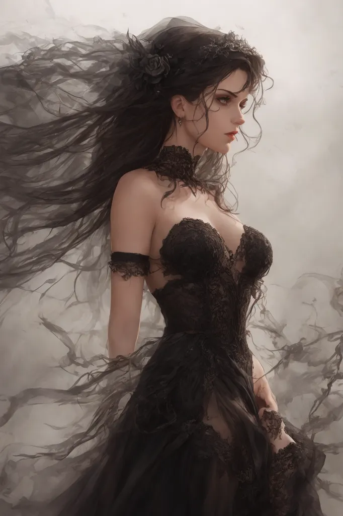 A imagem mostra uma mulher vestindo um vestido preto. O vestido está fora dos ombros e tem um decote em forma de coração. A mulher tem cabelos longos e pretos e uma rosa no cabelo. Ela está usando um colar e brincos. A mulher está em pé em frente a um fundo branco. Há uma nuvem escura e fumaçada ao redor dela.