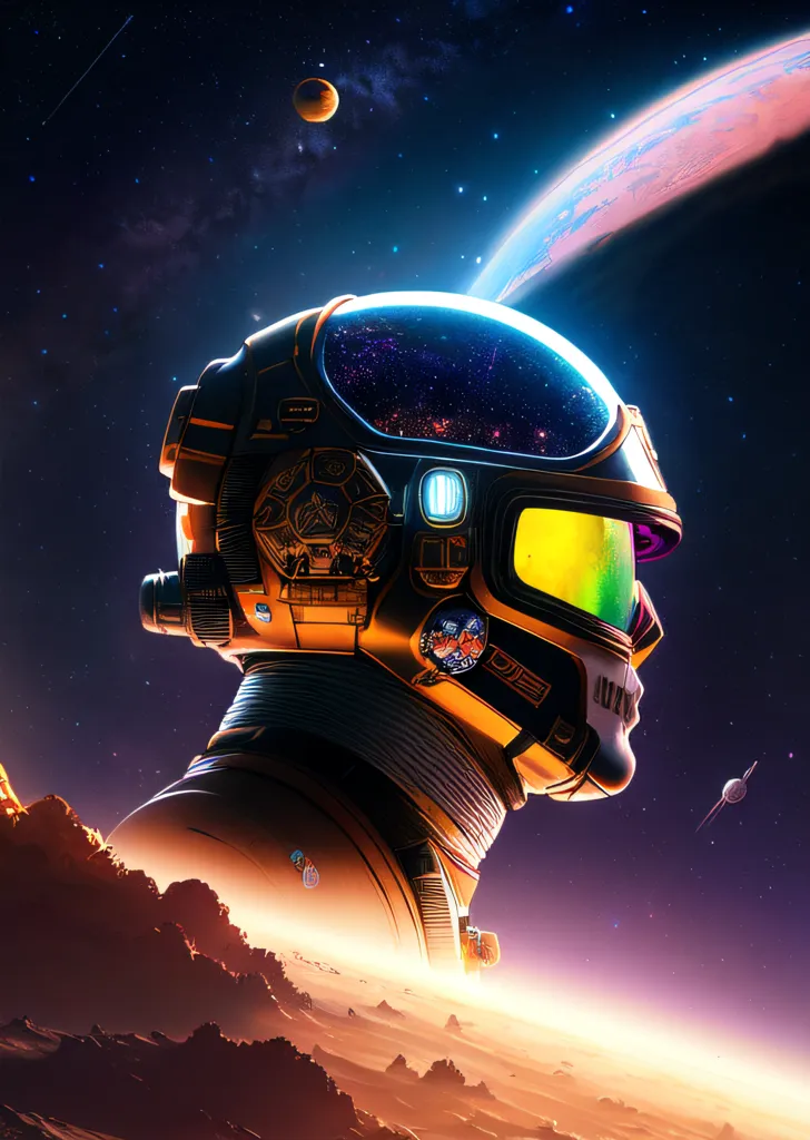 Gambar ini menunjukkan helm seorang astronaut dengan visor yang memantulkan langit berbintang dan sebuah planet. Helm tersebut berwarna emas dan hitam dengan lampu hijau dan kuning di visirnya. Latar belakangnya adalah langit berbintang gelap dengan sebuah planet di kejauhan. Planet tersebut berwarna merah dan oranye dengan atmosfer biru. Ada juga dua bulan di latar belakang. Astronaut tersebut berdiri di permukaan berbatu, yang mungkin merupakan sebuah planet atau bulan.