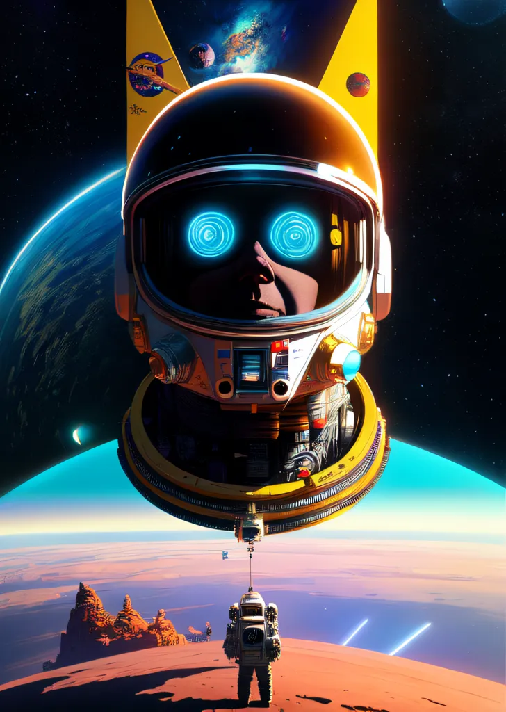 This is an image of an astronaut on a distant planet. The astronaut is wearing a yellow and white spacesuit with a clear bubble helmet. The helmet has blue lights shining from inside. There is another astronaut on the surface of the planet looking up at the astronaut in the foreground. The planet is red and rocky with two moons in the sky. There is a spaceship in the background.