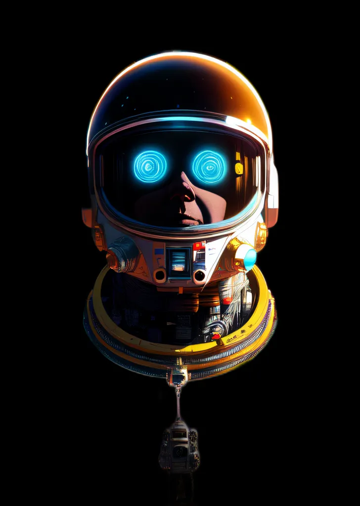 The image is a portrait of a person in a spacesuit. The person's face is obscured by the helmet, but their eyes are visible through the visor. The eyes are a bright blue color and they are looking directly at the viewer. The spacesuit is a dark gray color with yellow and white accents. The helmet is round and has a large visor. The spacesuit has a lot of detail, including various buttons, switches, and lights. The person is also wearing a backpack with a hose attached to the helmet. The background is black.