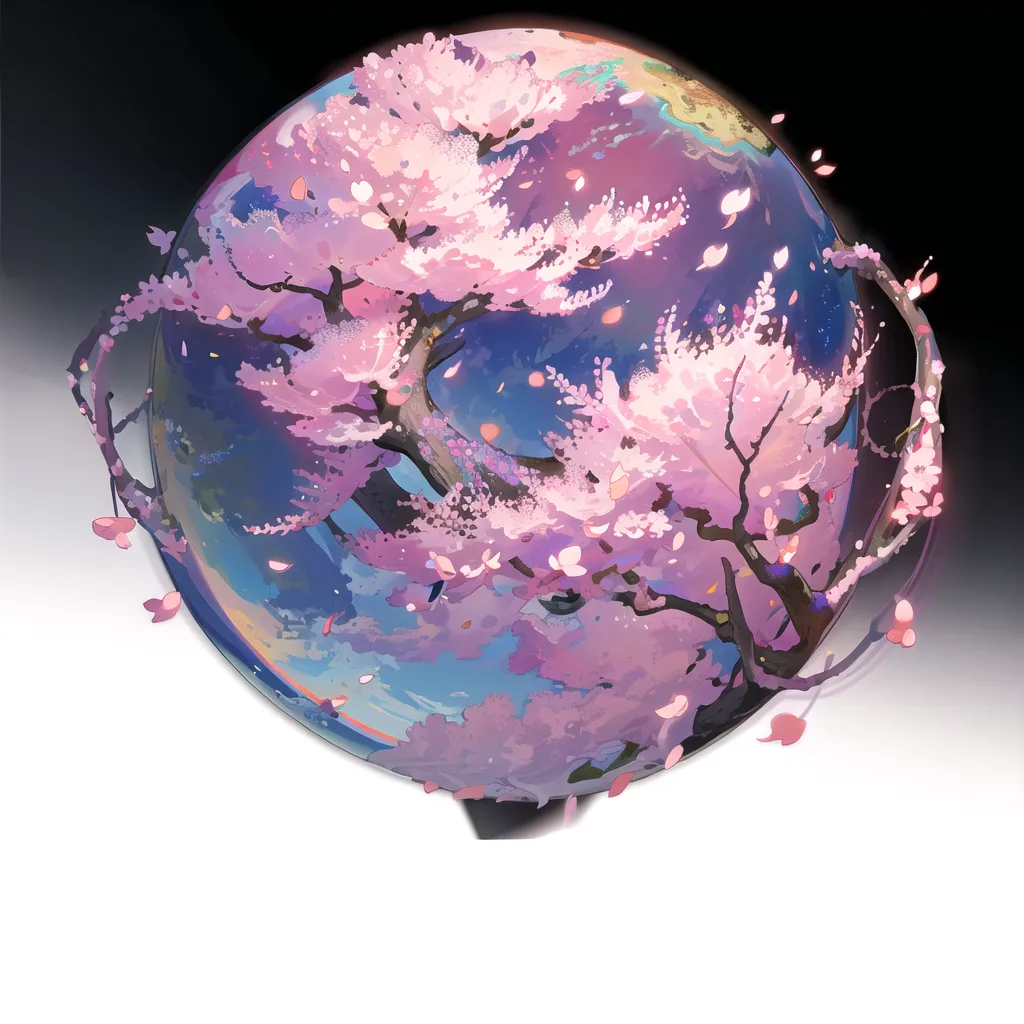 The image is a depiction of a cherry blossom tree in full bloom. The tree is surrounded by a pink sky and white clouds. The ground is covered in pink cherry blossoms. The image is very peaceful and serene. The cherry blossom tree is a symbol of spring and renewal. The pink blossoms are a reminder that even in the darkest of times, there is always beauty to be found. The image is a reminder that we should all appreciate the simple things in life and that even the smallest things can bring us joy.